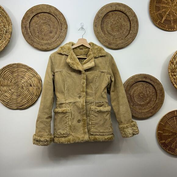 Vintage Y2K 2000s Mudd Beige Tan Faux Fur Lined Leather Jacket Coat Small - Picture 2 of 9